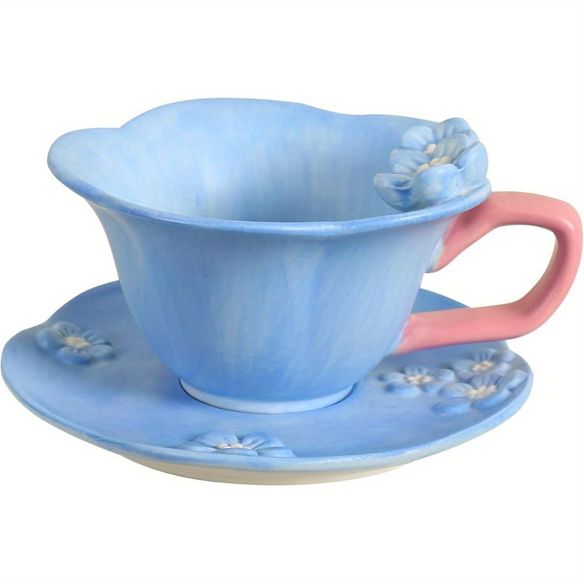 Floral Tea Cups and Saucers, Ceramic Cute Coffee Mug for Women Tea Party, Cappuccino Latte Milk ( Blue)
