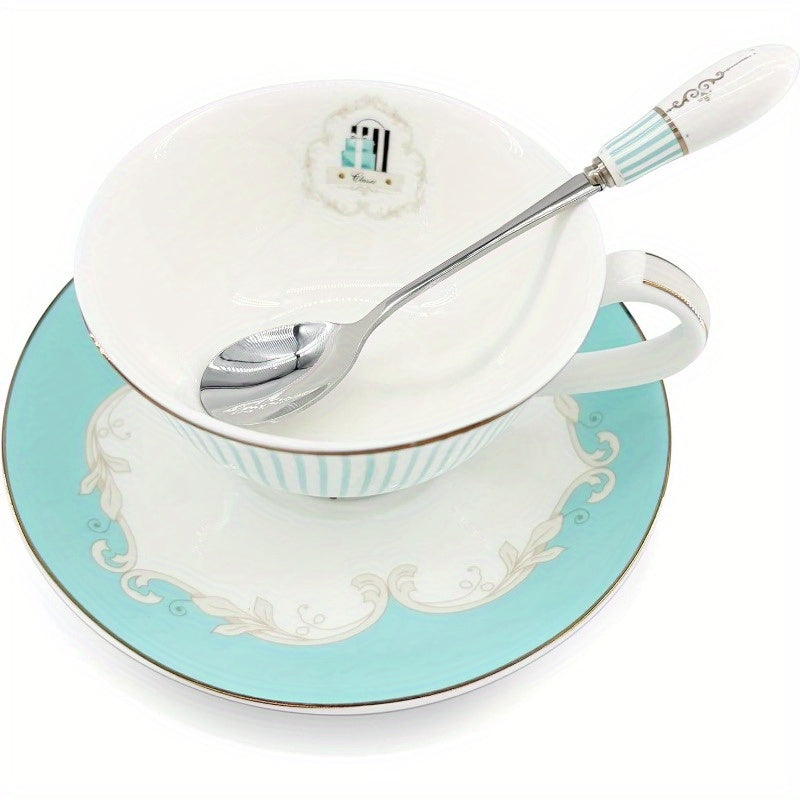 Elegant Vintage Ceramic Teacup Set with a Spoon And Saucer, Featuring Royal Bone China And Striped Design., Ideal for Weddings & Travel, This Porcelain Tea Cups Is An Excellent Luxury Gift, Accessory for Home Ceramic Sofa Mini Tea Cup Tableware Teaware.
