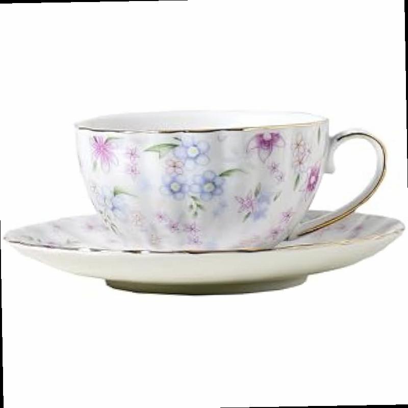 fanquare Country Style Floral Tea Cup and Saucer Set 6 Ounces Cappuccino Coffee Cup with Gold Trim Porcelain Teacups for Women and Tea Parties