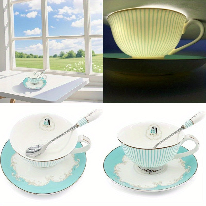 Elegant Vintage Ceramic Teacup Set with a Spoon And Saucer, Featuring Royal Bone China And Striped Design., Ideal for Weddings & Travel, This Porcelain Tea Cups Is An Excellent Luxury Gift, Accessory for Home Ceramic Sofa Mini Tea Cup Tableware Teaware.