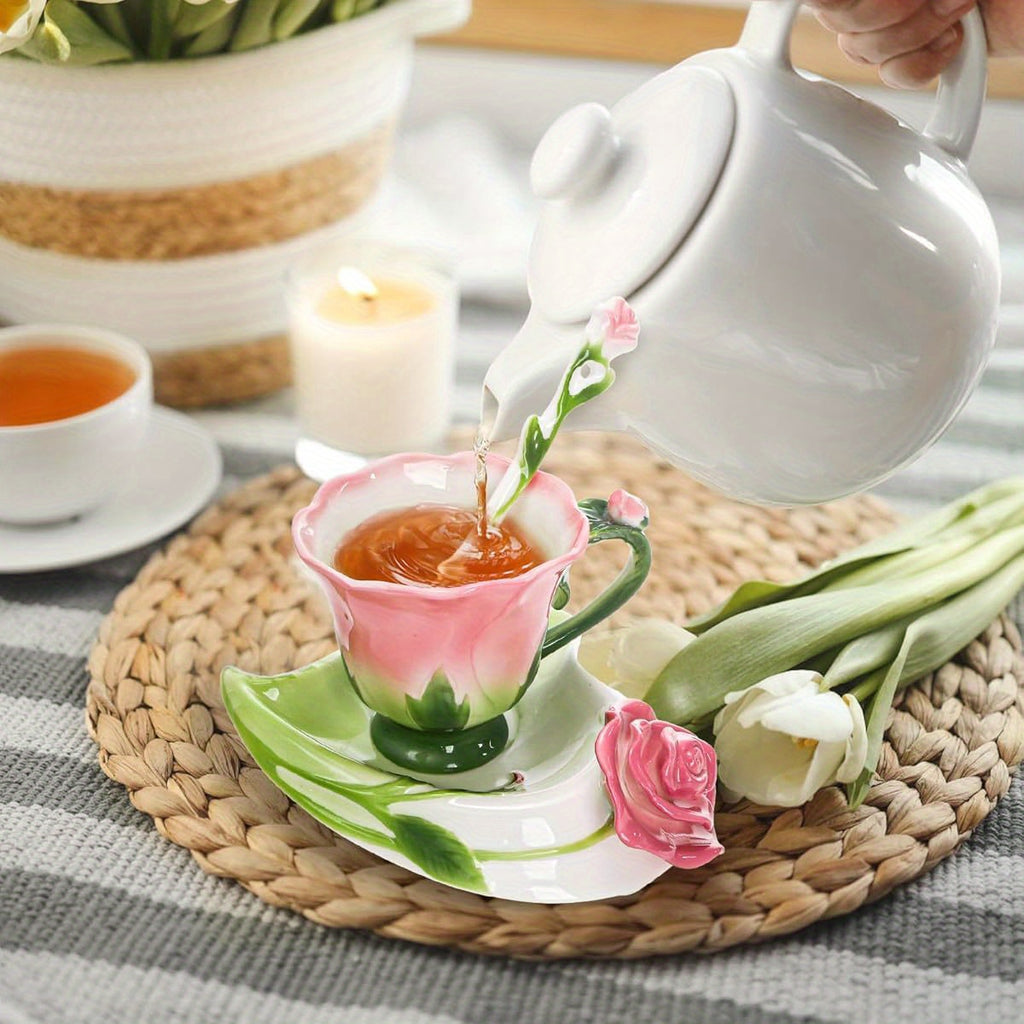 Pink Tea Cups with Saucer and Spoon, 4. 5oz Small Ceramic Rose Flower Tea Cup Set for Women, Hand Crafted Vintage Coffee Latte Mug, Porcelain Fancy Teaware for Mother' s Day Birthday Gift Party, Cups for Tea, Unique Coffee Mugs, Teacup, Coffee Cup, Tea