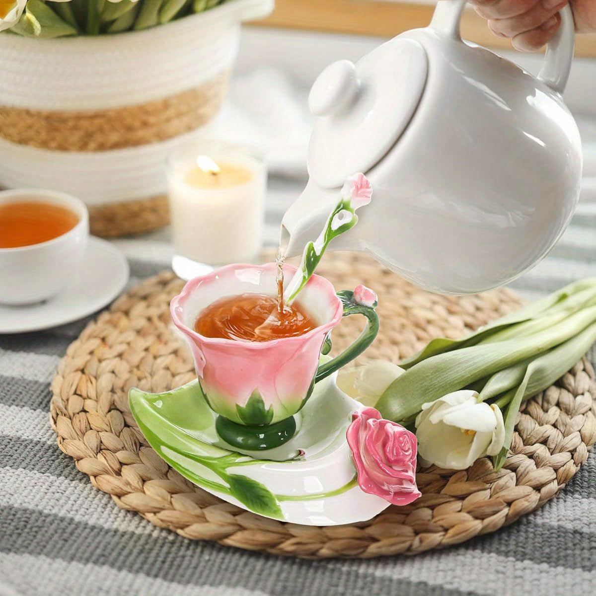 Pink Tea Cups with Saucer and Spoon, 4. 5oz Small Ceramic Rose Flower Tea Cup Set for Women, Hand Crafted Vintage Coffee Latte Mug, Porcelain Fancy Teaware for Mother' s Day Birthday Gift Party, Cups for Tea, Unique Coffee Mugs, Teacup, Coffee Cup, Tea