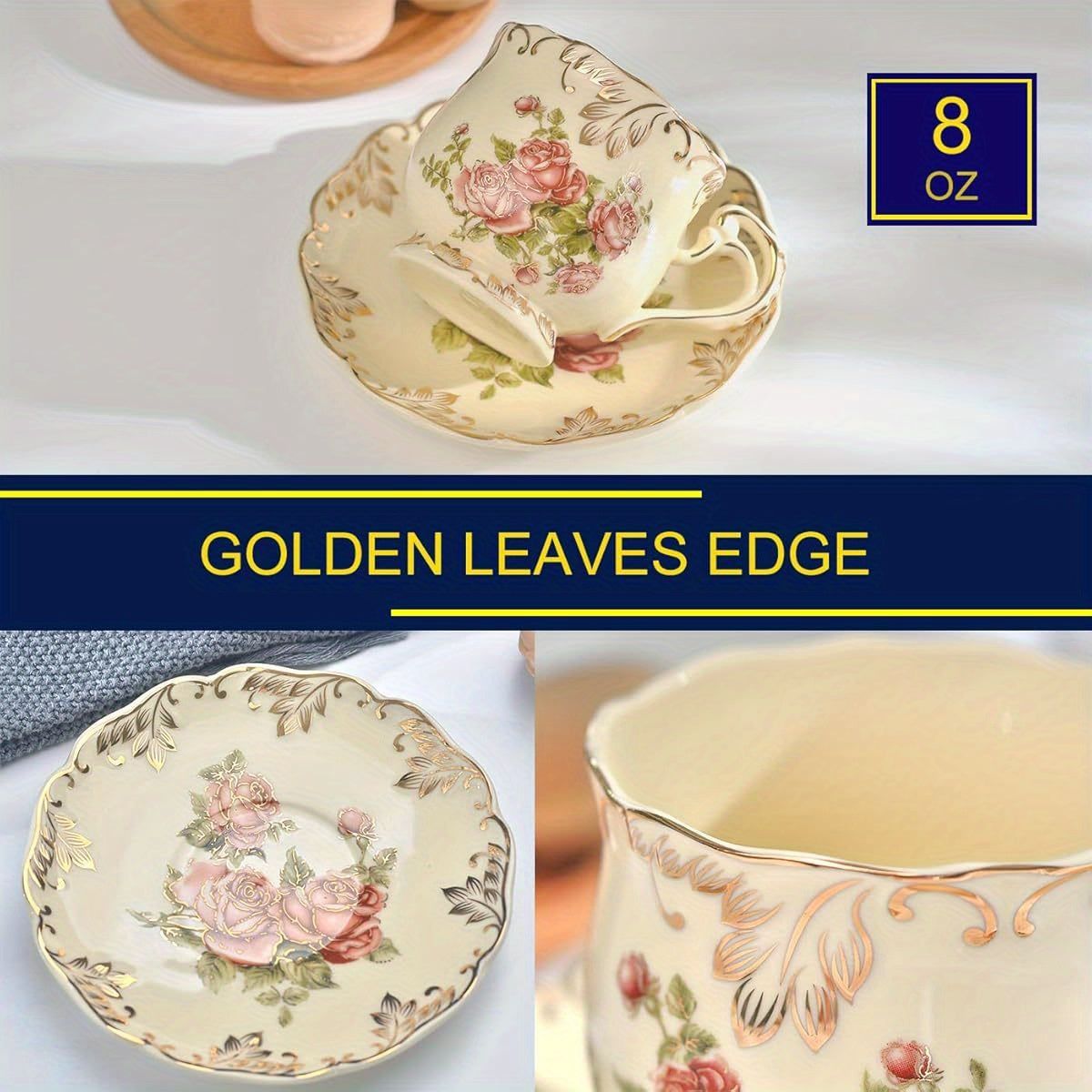 YOLIFE Vintage Floral Tea Cup and Saucer Set - Elegant Ivory & Golden Leaf Pattern, 8oz Ceramic Tea Service with Saucer & Spoon - Elegant Gift for Women, Wedding, Birthday, Housewarming - Luxury Tea Set for Afternoon Tea Parties, Dainty Floral Design in
