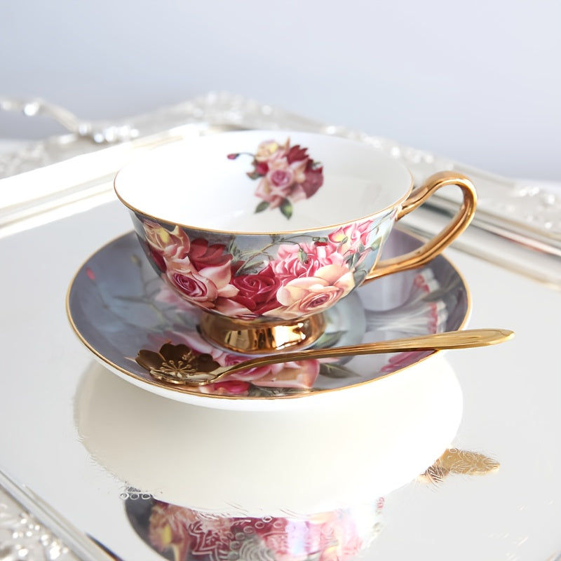 6pcs Elegant Floral Ceramic Coffee Cup and Saucer Set with 2 Dishes, 2 Cups, and 2 Spoons - Ideal for Afternoon Tea, Perfect Gift for Friends and Lovers, Hand Wash Only, Round Shape, Suitable for Coffee Shops and Dessert Shops, Coffee Bar Accessories
