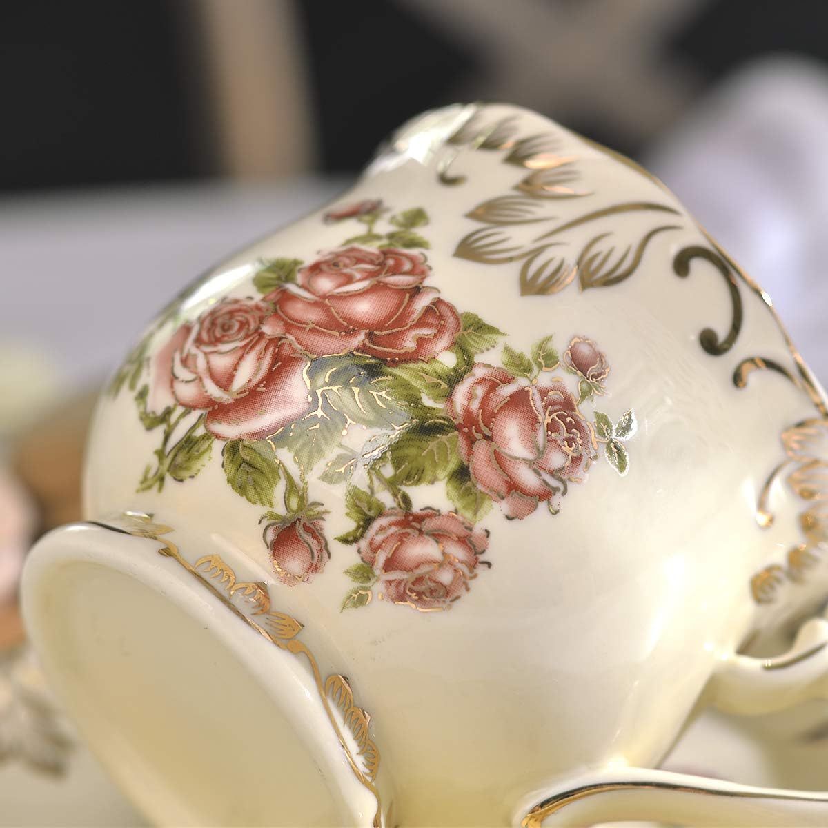 YOLIFE Vintage Floral Tea Cup and Saucer Set - Elegant Ivory & Golden Leaf Pattern, 8oz Ceramic Tea Service with Saucer & Spoon - Elegant Gift for Women, Wedding, Birthday, Housewarming - Luxury Tea Set for Afternoon Tea Parties, Dainty Floral Design in