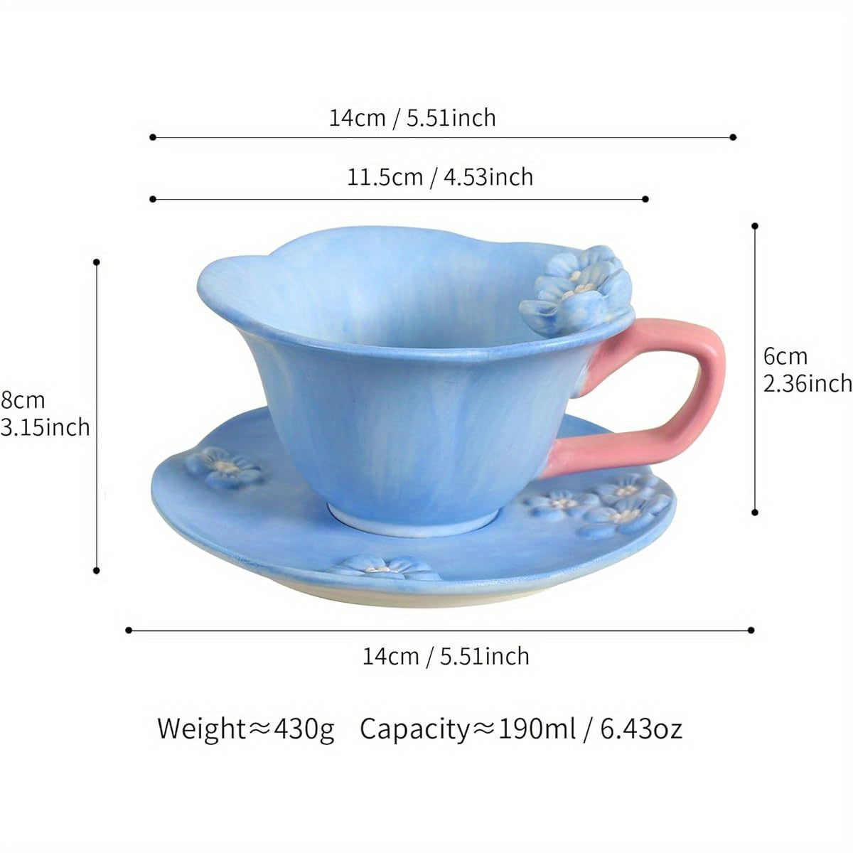 Floral Tea Cups and Saucers, Ceramic Cute Coffee Mug for Women Tea Party, Cappuccino Latte Milk ( Blue)
