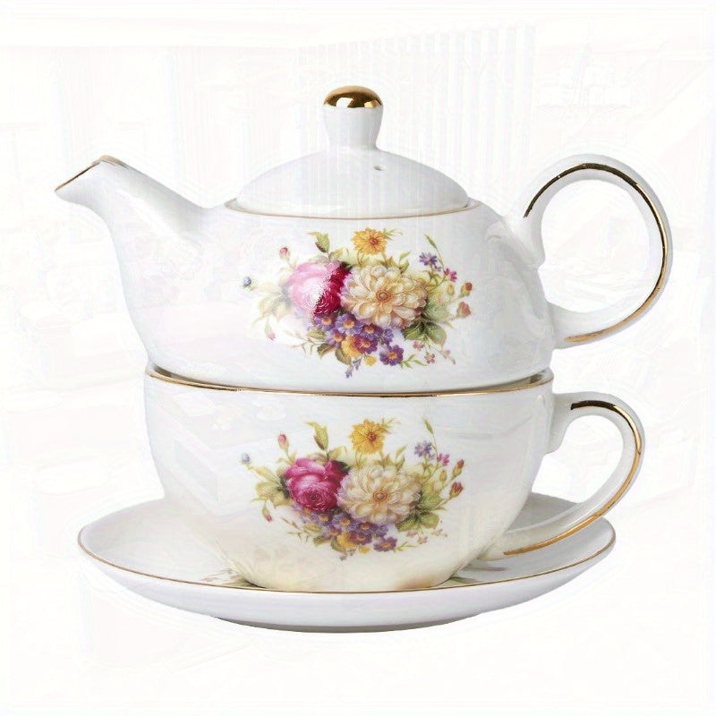 European Porcelain Tea for One Vinta Floral Teapot and Saucer Set Golden Trim Floral Teapot Tea Cup with Saucer Set, Tea Cup And Saucer Set, White Tea Set, Tea Set, Tea Pot And Cup Set, Tea Pot Set, Loose Leaf Tea, Tea Party, Classic Porcelain, Elegant