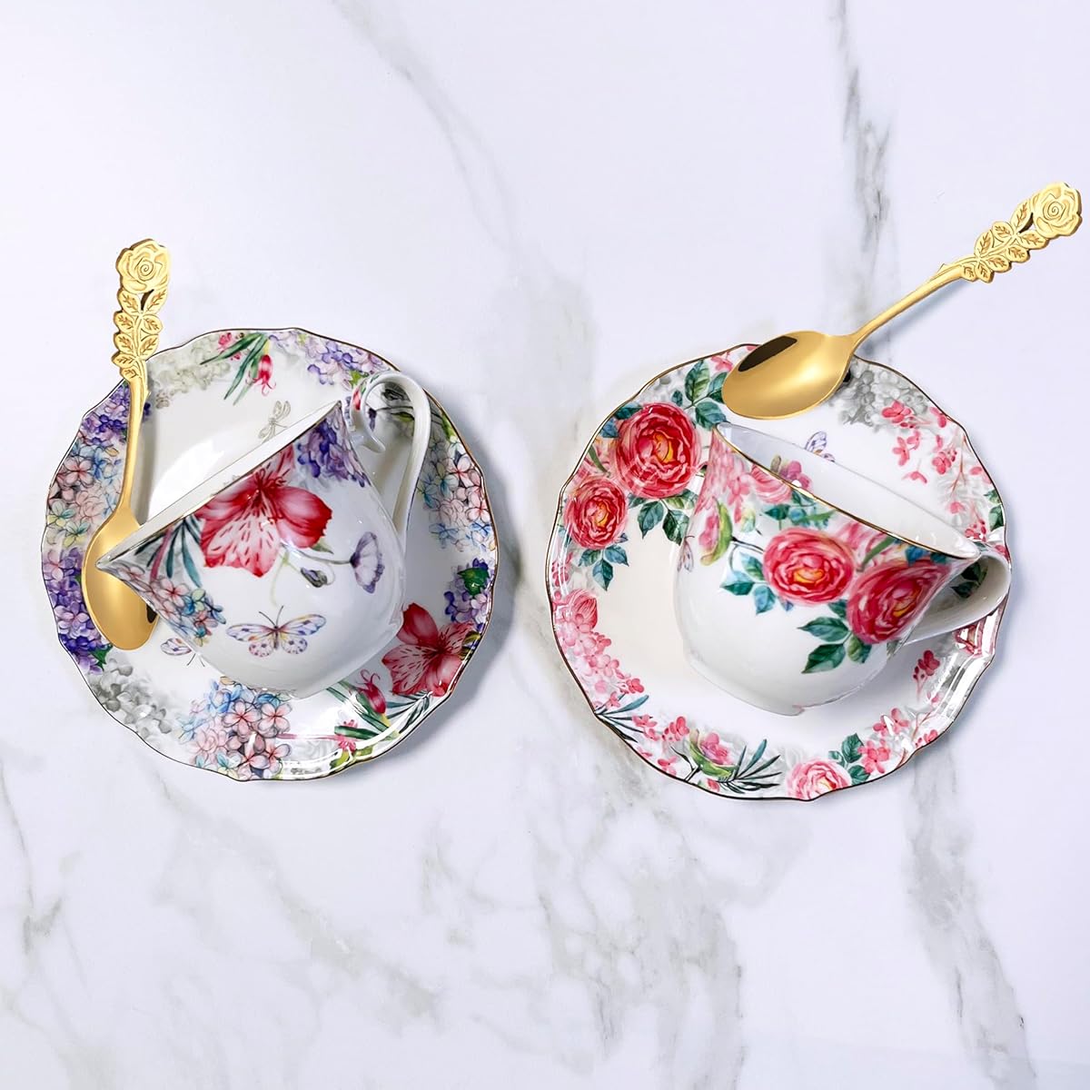 Tea Cups and Saucers Set, Fine Bone China, Porcelain Coffee Cup, Vintage Floral Flower Pattern, with Golden Trim, Spoon, Handle, Antiqued Ceramic, Espresso Drink, for Women Gift box, Tea Party, Tea Cup Set, Tea Cup Set with Tray, Cups for Tea, Tea Set,