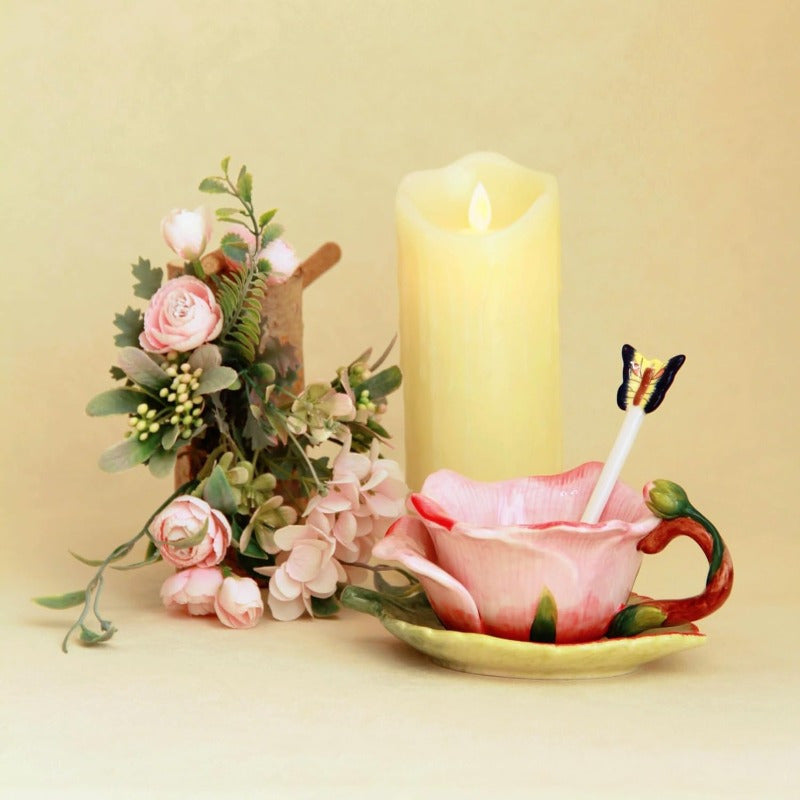 1pc Elegant Floral tea cup and saucer set - Hand-Painted Pink Roses, for Lotus Leaf, Pastel green, Non-Toxic Ceramic - Includes Matching Spoon - for Coffee, Tea, Home Decor - Birthday/Anniversary Gift for Women, Bridal Shower Present - Vintage Floral