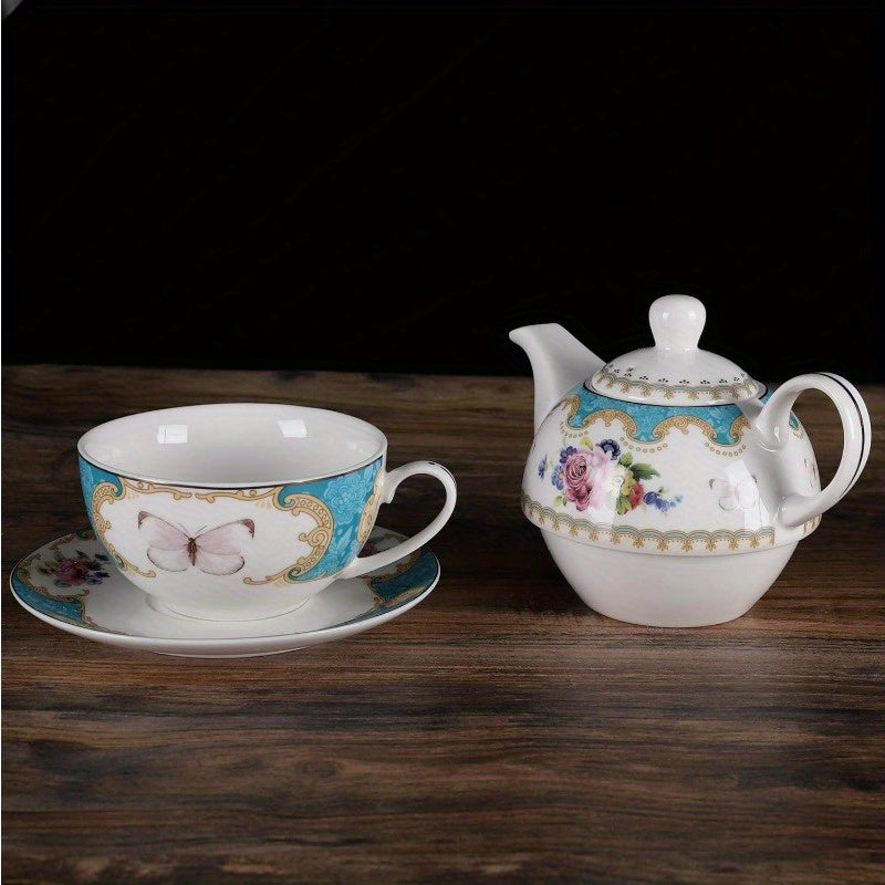 fanquare English Porcelain Tea for One Set Floral Teapot with Cup Blue Tea Cup and Saucer Set
