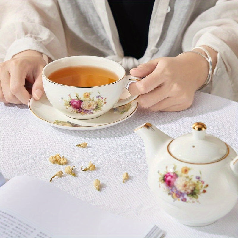 European Porcelain Tea for One Vinta Floral Teapot and Saucer Set Golden Trim Floral Teapot Tea Cup with Saucer Set, Tea Cup And Saucer Set, White Tea Set, Tea Set, Tea Pot And Cup Set, Tea Pot Set, Loose Leaf Tea, Tea Party, Classic Porcelain, Elegant
