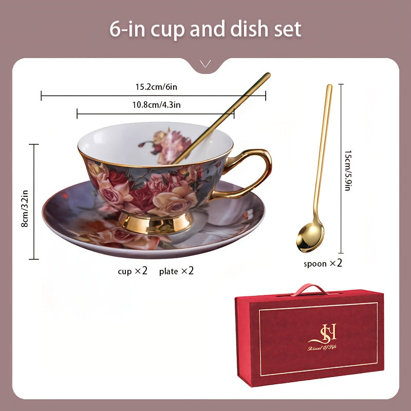 6pcs Elegant Floral Ceramic Coffee Cup and Saucer Set with 2 Dishes, 2 Cups, and 2 Spoons - Ideal for Afternoon Tea, Perfect Gift for Friends and Lovers, Hand Wash Only, Round Shape, Suitable for Coffee Shops and Dessert Shops, Coffee Bar Accessories