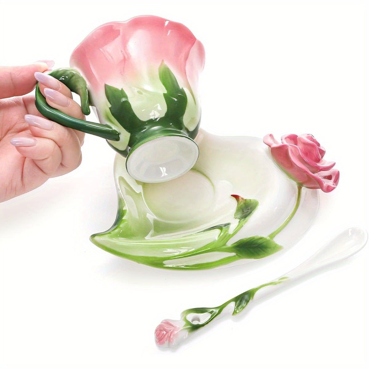 Pink Tea Cups with Saucer and Spoon, 4. 5oz Small Ceramic Rose Flower Tea Cup Set for Women, Hand Crafted Vintage Coffee Latte Mug, Porcelain Fancy Teaware for Mother' s Day Birthday Gift Party, Cups for Tea, Unique Coffee Mugs, Teacup, Coffee Cup, Tea