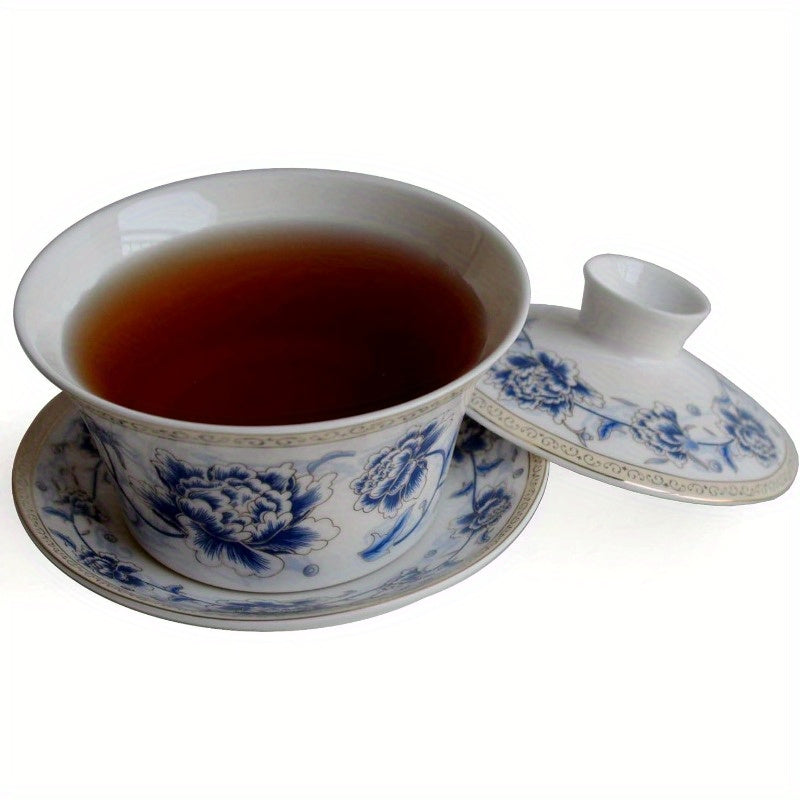 Traditional Gaiwan Tea Set with Lid and Saucer Handmade Ceramic Tea Cup Flower Porcelain Teacups 10oz, Tea Ceremony, Traditional Brewing, Elegant Teacup, Classic Ceramics, Handcrafted Pottery, Fine Porcelain, Gift for Tea Lovers, Home Brewers