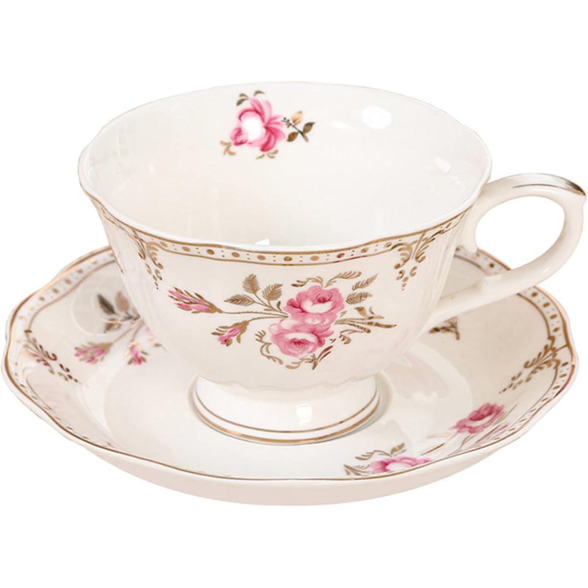 1pc Vintage British Floral Porcelain Tea Cup and Saucer Set - Elegant Light Pink & Golden Trim, 7.4oz Large Capacity, New Bone China Coffee Tea Set with Decorative Saucer, Ideal Gift for Housewarming, Wedding, Birthday, Mother's Day, Christmas - Dainty