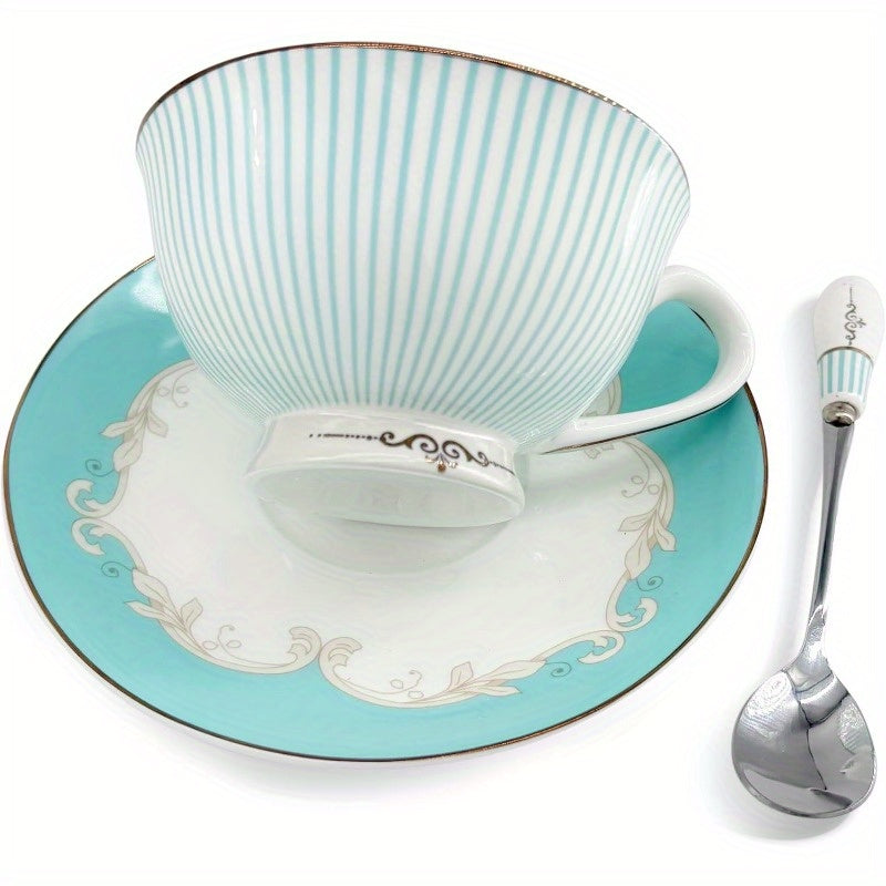 Elegant Vintage Ceramic Teacup Set with a Spoon And Saucer, Featuring Royal Bone China And Striped Design., Ideal for Weddings & Travel, This Porcelain Tea Cups Is An Excellent Luxury Gift, Accessory for Home Ceramic Sofa Mini Tea Cup Tableware Teaware.