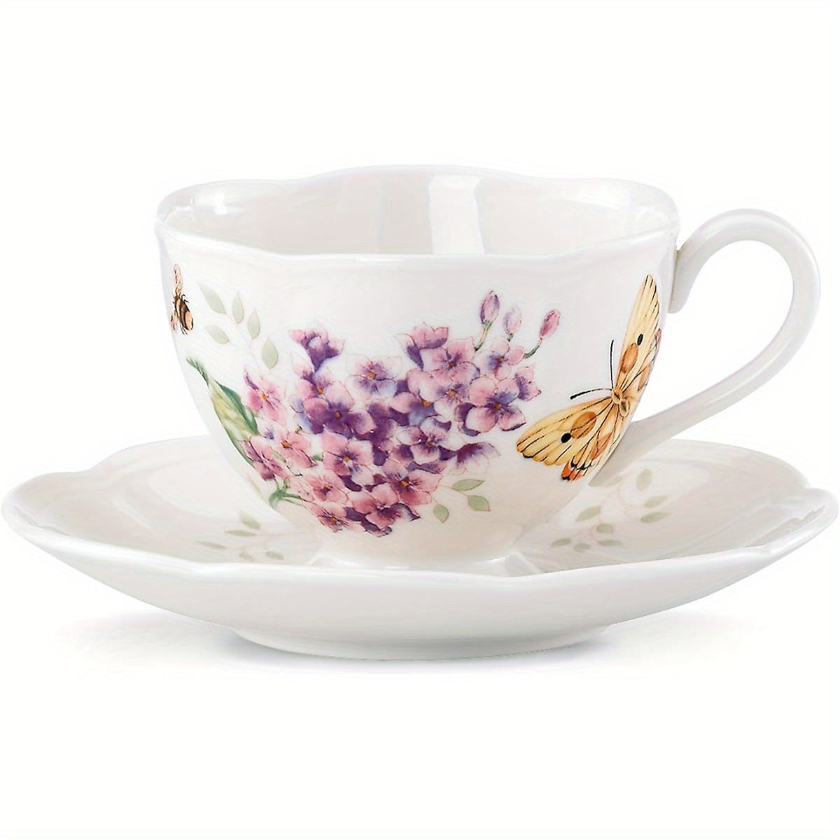 Butterfly Meadow Orange Sulphur 8-Ounce Porcelain Cup and Saucer Set - Elegant Floral Design with Purple Flowers & Green Leaves, Durable & Easy-Clean, Perfect for Coffee, Tea, or Desserts, Ideal for Home or Restaurant Use, Coffee Cup Set|Floral Pattern