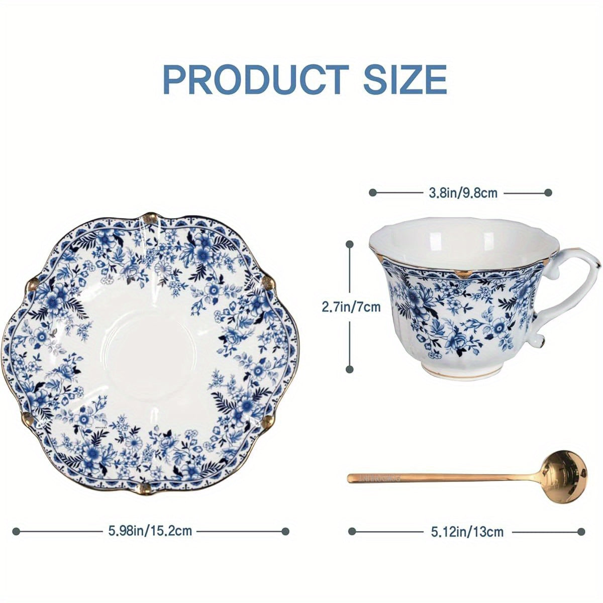 Vintage Floral Porcelain Tea Cup and Saucer Set with Golden Trim, Spoon, Espresso, Coffee, Gift Boxes ( 1, China Flower)