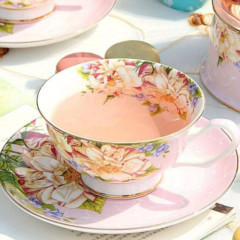 1pc Vintage Floral Bone China Tea Cup and Saucer Set - Elegant Pink & Golden English Teacup with Saucer, 7oz Delicate Pastel Colors (Pink, Green, Blue, Yellow, White) for Women's Tea Parties, Birthday, Mother's Day Gift, Hand Wash Only, Dainty Tableware
