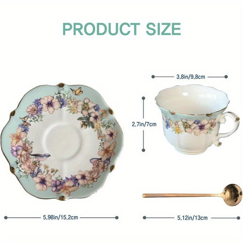 1 Set Vinta Floral Porcelain Tea Cup and Saucer Set with Spoon - Golden Trim Elegant Teal & Pastel Floral Design, 6.4oz Cup & Saucer, Comfortable Handle & Stable Saucer for Tea, Coffee, Espresso - Durable Fine China for Home, Travel, Special Occasions -