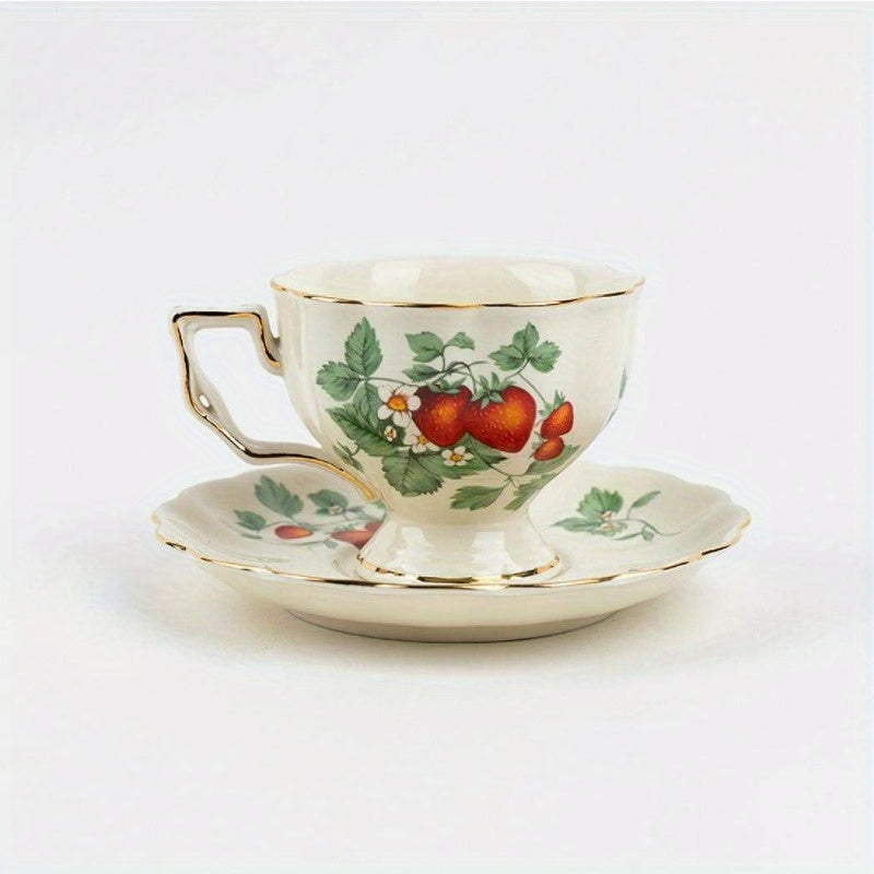1pc Vintage Strawberry Floral Teapot - Elegant & Golden Porcelain Tea Set with Non-Slip Base, Dishwasher Safe Cup and Saucer + Teaspoon - Luxury Dining Tableware for Coffee, Tea, Special Occasions - Ideal Gift for Women & Home Decor - Strawberry Pattern,