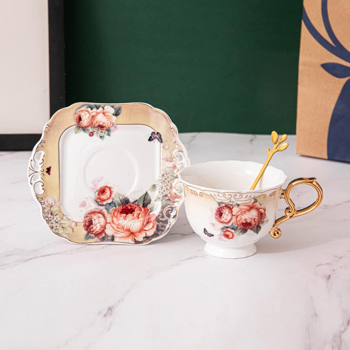 1pc Elegant European Orange Floral Porcelain Tea Cup and Saucer Set with Golden Rim & Handle - 7oz Large Capacity Coffee & Tea Service, Vintage-Inspired Dishwasher Safe China Set with Matching Spoon, Ideal Gift for Housewarming, Wedding, Christmas - Beige