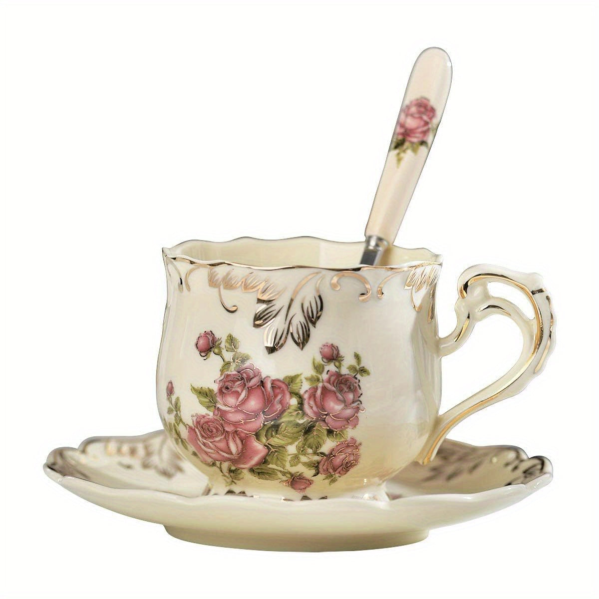 YOLIFE Vintage Floral Tea Cup and Saucer Set - Elegant Ivory & Golden Leaf Pattern, 8oz Ceramic Tea Service with Saucer & Spoon - Elegant Gift for Women, Wedding, Birthday, Housewarming - Luxury Tea Set for Afternoon Tea Parties, Dainty Floral Design in