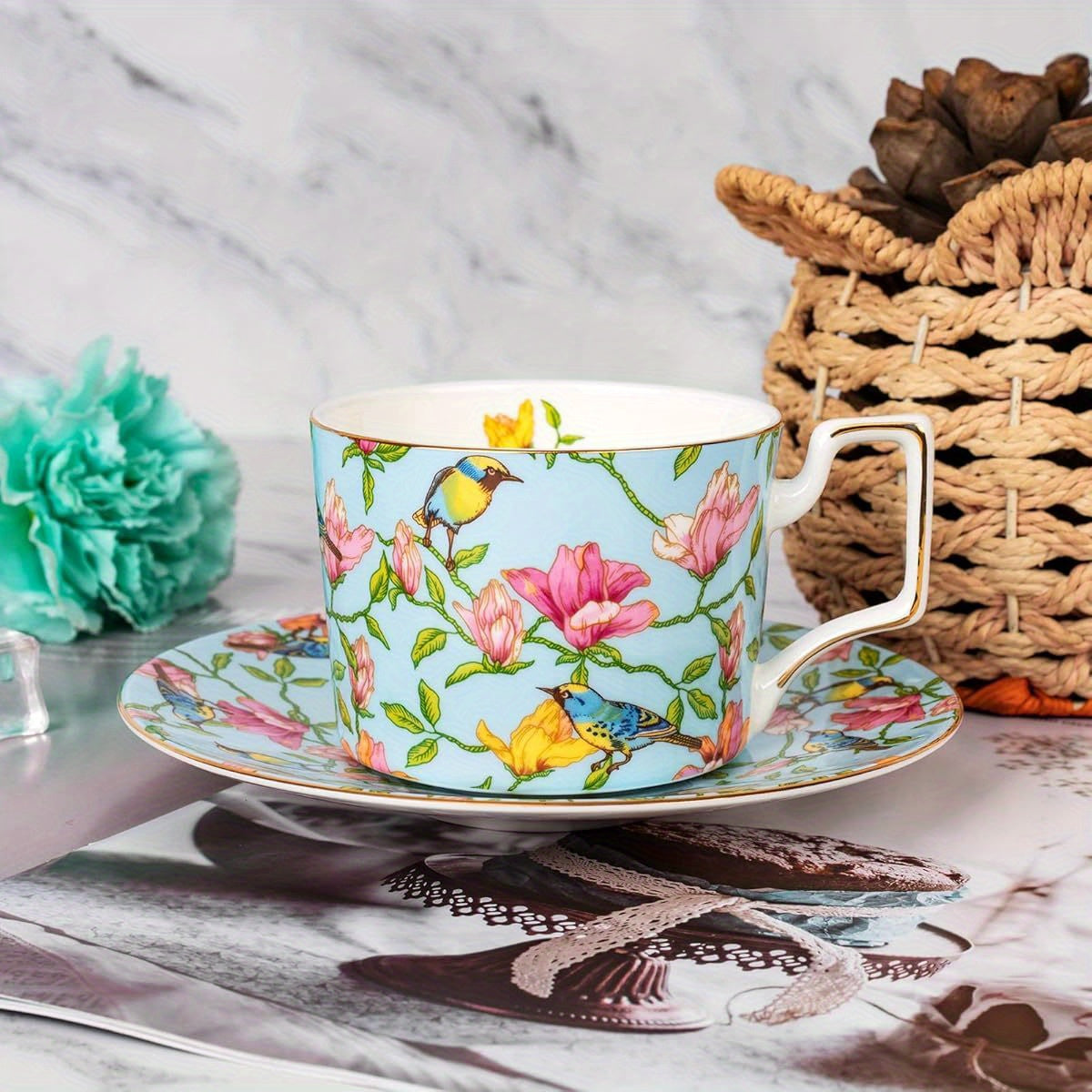 1pc Vintage Floral Teacup and Saucer Set - Elegant Bone China Tea Cups with Golden Rim & Handle, 8-Ounce Capacity, Pastel Blue & Pink Floral Pattern - Dishwasher Safe, Ideal Gift for Women, Mom, Birthday, Christmas, Mother's Day - Elegant Tea Party Set