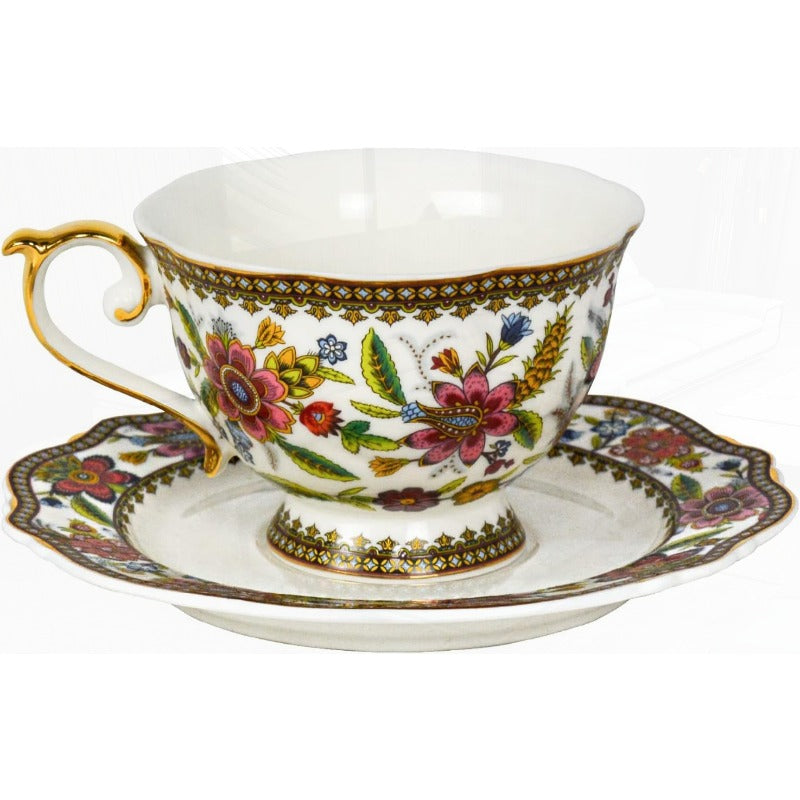 ACMLIFE Vintage Floral Bone China Tea Cup and Saucer Set for 1 - Elegant 6.8oz Tea Service with Golden Trim, Pink/Red/Blue/Green/White/Black/Golden Floral Patterns, Durable & Lightweight, Gift Box Included - Ideal for Tea Parties, Weddings, Housewarming -
