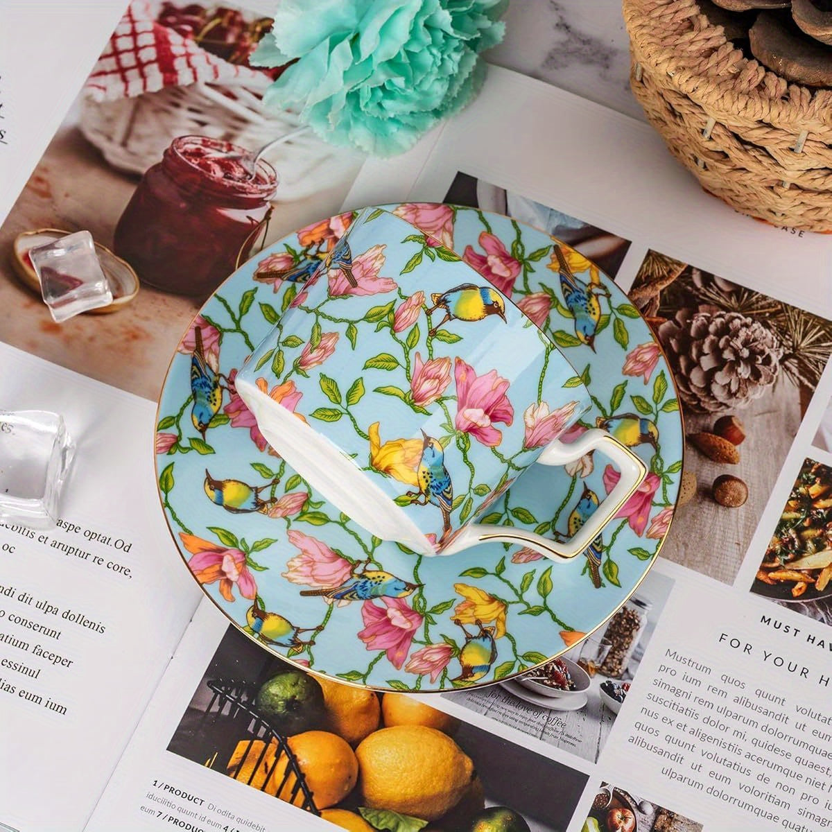 1pc Vintage Floral Teacup and Saucer Set - Elegant Bone China Tea Cups with Golden Rim & Handle, 8-Ounce Capacity, Pastel Blue & Pink Floral Pattern - Dishwasher Safe, Ideal Gift for Women, Mom, Birthday, Christmas, Mother's Day - Elegant Tea Party Set