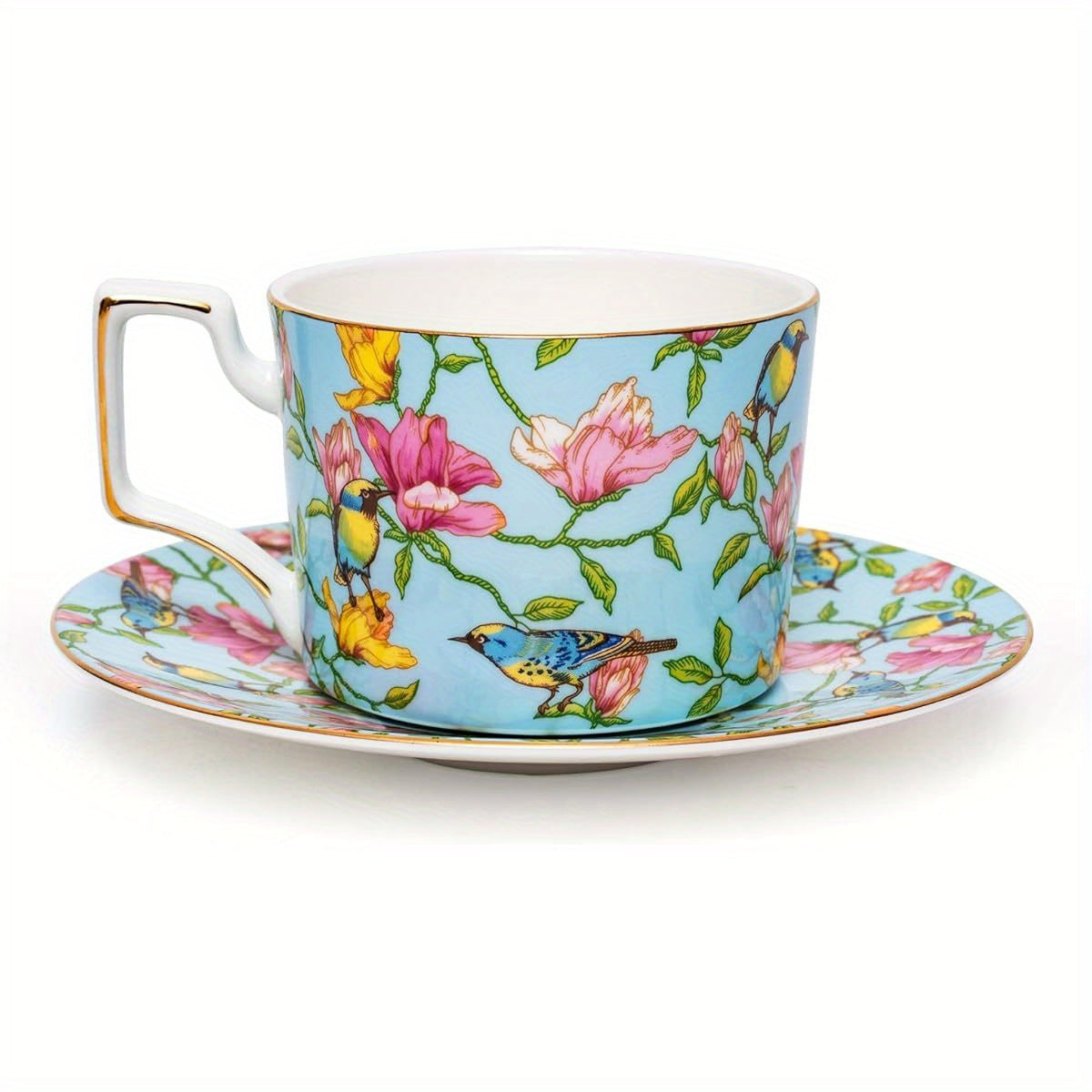 1pc Vintage Floral Teacup and Saucer Set - Elegant Bone China Tea Cups with Golden Rim & Handle, 8-Ounce Capacity, Pastel Blue & Pink Floral Pattern - Dishwasher Safe, Ideal Gift for Women, Mom, Birthday, Christmas, Mother's Day - Elegant Tea Party Set