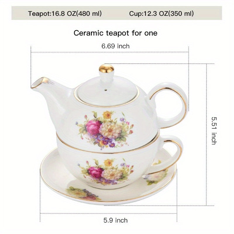 European Porcelain Tea for One Vinta Floral Teapot and Saucer Set Golden Trim Floral Teapot Tea Cup with Saucer Set, Tea Cup And Saucer Set, White Tea Set, Tea Set, Tea Pot And Cup Set, Tea Pot Set, Loose Leaf Tea, Tea Party, Classic Porcelain, Elegant