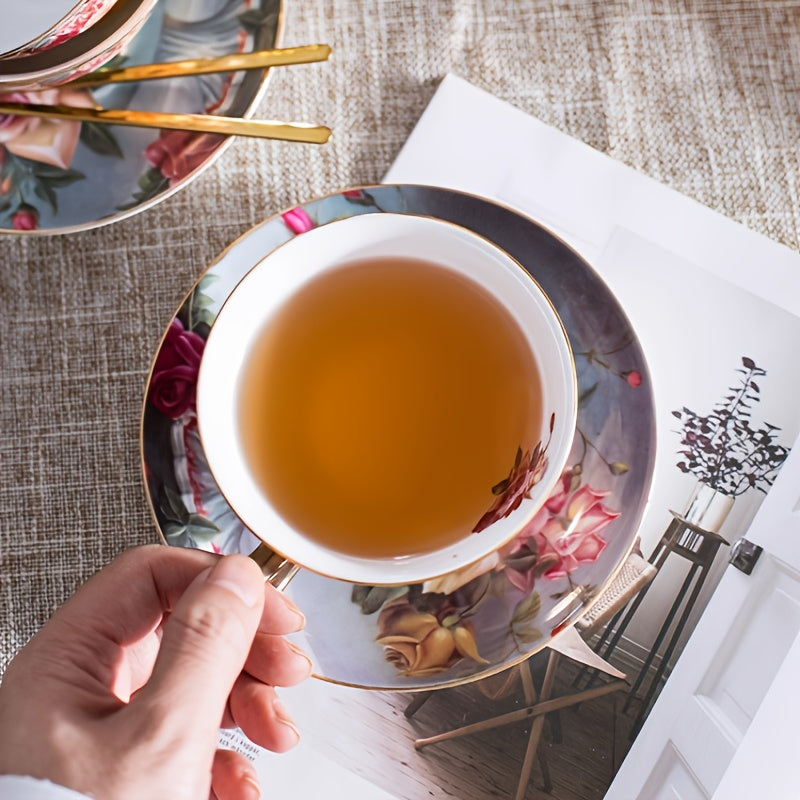 6pcs Elegant Floral Ceramic Coffee Cup and Saucer Set with 2 Dishes, 2 Cups, and 2 Spoons - Ideal for Afternoon Tea, Perfect Gift for Friends and Lovers, Hand Wash Only, Round Shape, Suitable for Coffee Shops and Dessert Shops, Coffee Bar Accessories