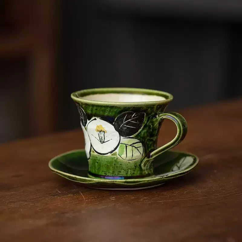 Hatsuichi Mino Ware Handcrafted Oribe Camellia Ceramic Coffee Cup/Saucer Set