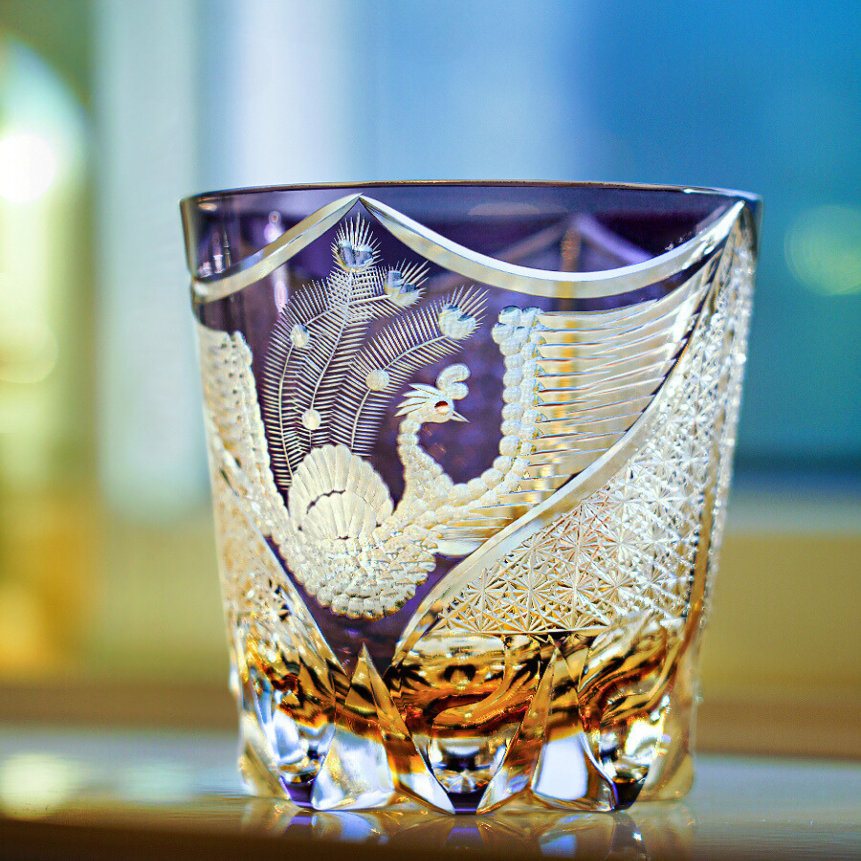 Edo Kiriko Handcrafted Dancing Phoenix Whisky Glass With Wooden Box