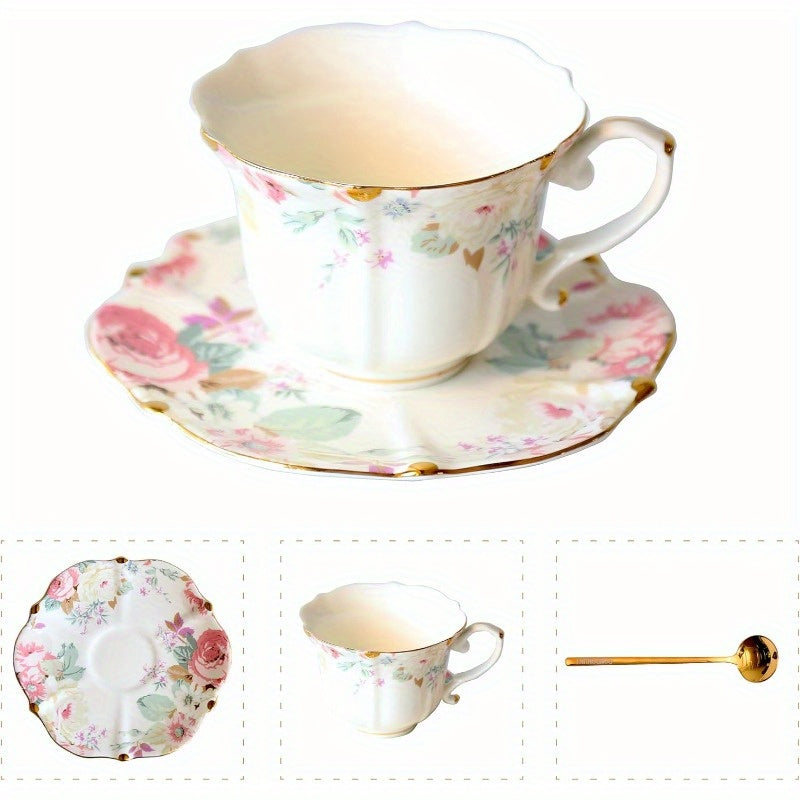 Vintage Floral Porcelain Tea Cup and Saucer Set with Golden Trim, 6.4oz - Elegant Pink & White Design, Includes Spoon, Perfect for Tea or Coffee, Hand Wash Only, Reusable, Tea Cup Set|Elegant Tableware|Porcelain Mug
