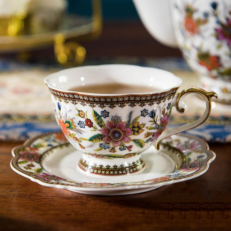 ACMLIFE Vintage Floral Tea Cup and Saucer Set with Spoon - Elegant Pink & Golden Bone China, 6.8oz, Includes 1 Cup, 1 Saucer, and 1 Spoon, Perfect for Tea Lovers, Tea Lover Gift|Elegant Tea Set|Durable Tea Set, Tea Cup Set