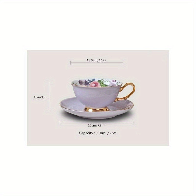 1pc Vintage Royal Purple Bone China Teacup & Saucer Set with Golden Rim - Elegant Fine Ceramic Coffee Cup and Spoon, Hand Wash Only, Delicate Floral Pattern in Soft Pastel Lavender/Purple Tones for Tea, Coffee, Desserts - Ideal for Home, Travel, or Formal