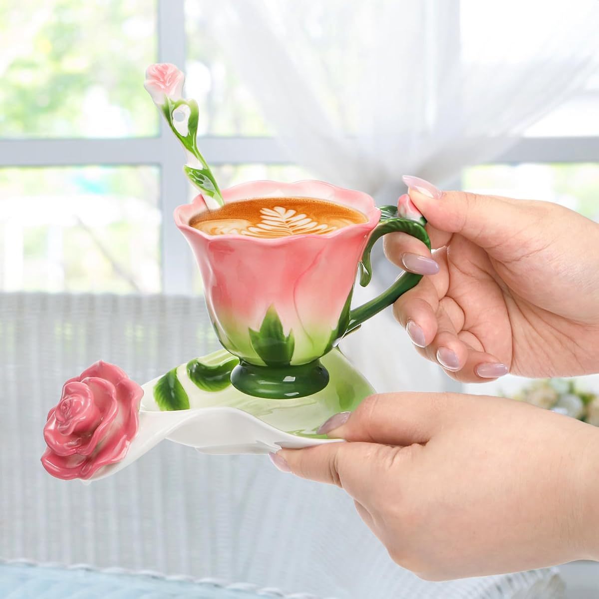 Pink Tea Cups with Saucer and Spoon, 4. 5oz Small Ceramic Rose Flower Tea Cup Set for Women, Hand Crafted Vintage Coffee Latte Mug, Porcelain Fancy Teaware for Mother' s Day Birthday Gift Party, Cups for Tea, Unique Coffee Mugs, Teacup, Coffee Cup, Tea