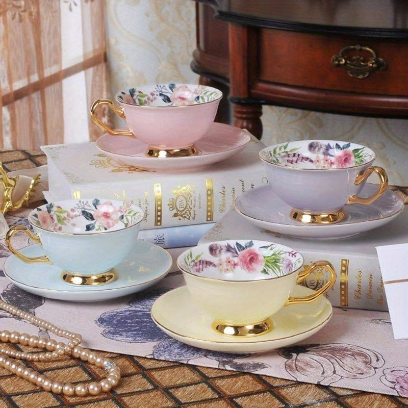 1pc Vintage Royal Purple Bone China Teacup & Saucer Set with Golden Rim - Elegant Fine Ceramic Coffee Cup and Spoon, Hand Wash Only, Delicate Floral Pattern in Soft Pastel Lavender/Purple Tones for Tea, Coffee, Desserts - Ideal for Home, Travel, or Formal