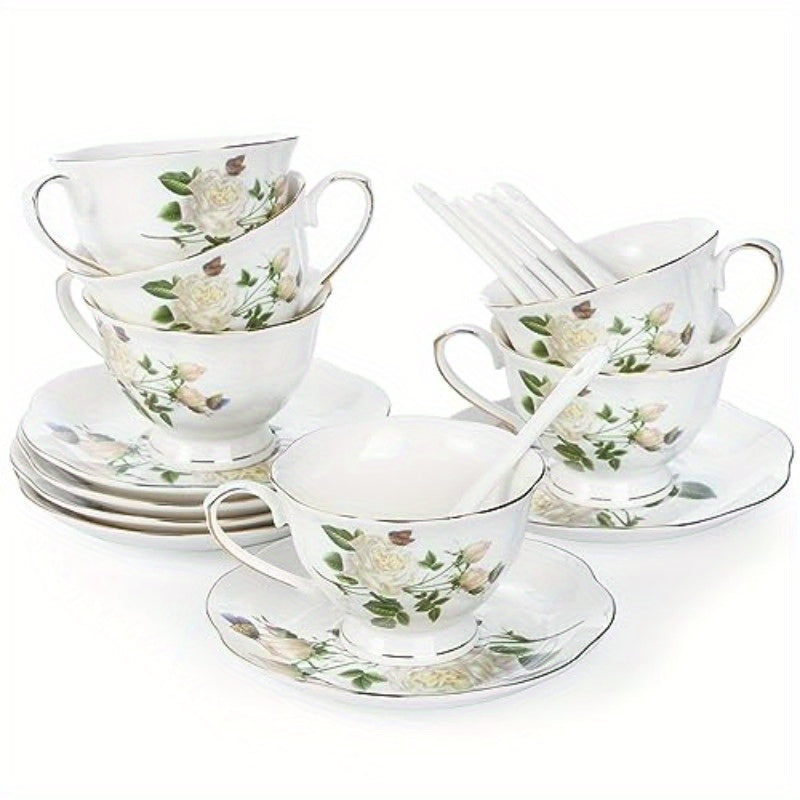 6oz Porcelain Ivory Floral Tea Cup and Saucer Set with Golden Trim - Elegant Latte Cups and Espresso Mug for Coffee Drinks, Perfect for Home or Restaurant Use, Restaurant Quality Tea Set|Floral Pattern Cups|Durable Porcelain