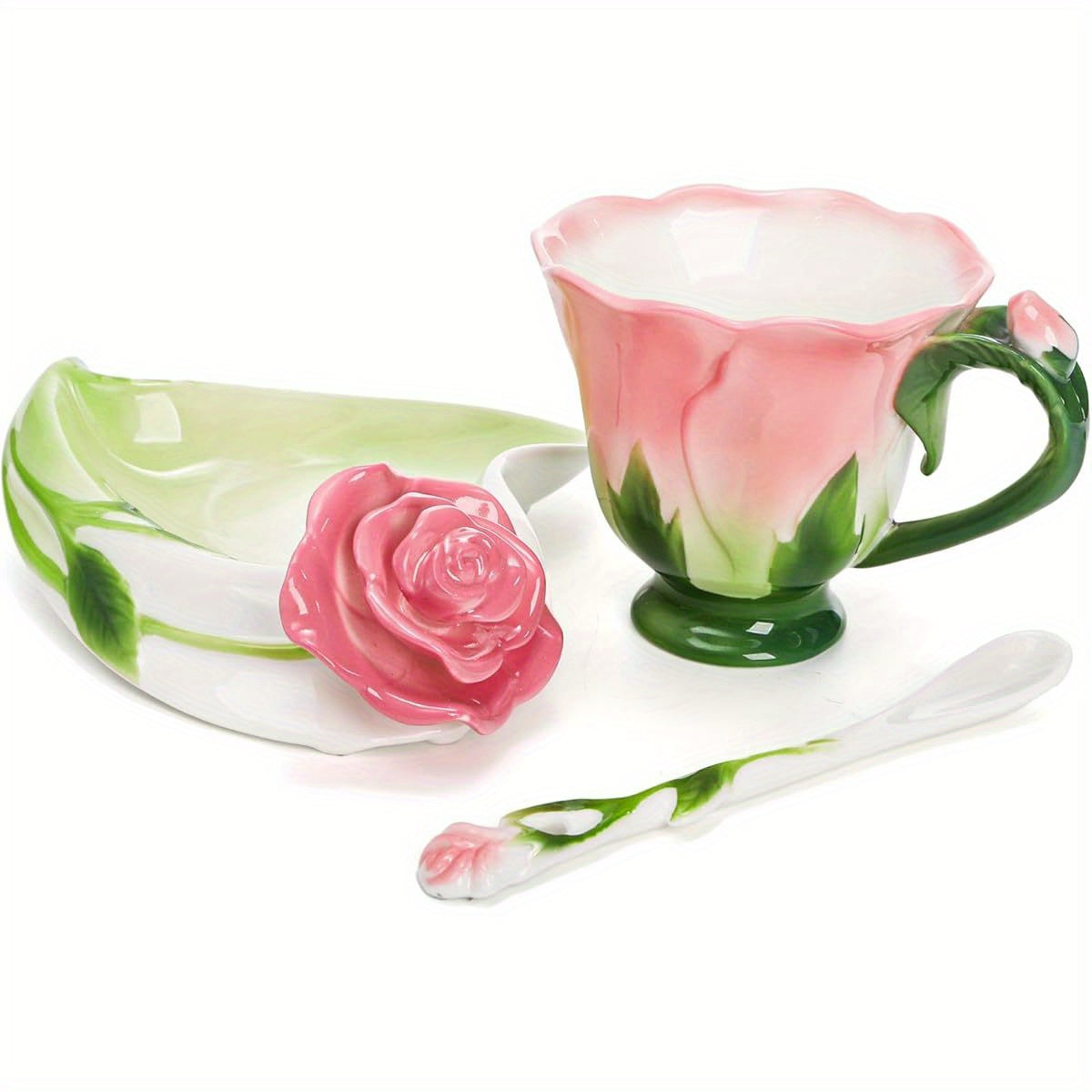 Pink Tea Cups with Saucer and Spoon, 4. 5oz Small Ceramic Rose Flower Tea Cup Set for Women, Hand Crafted Vintage Coffee Latte Mug, Porcelain Fancy Teaware for Mother' s Day Birthday Gift Party, Cups for Tea, Unique Coffee Mugs, Teacup, Coffee Cup, Tea