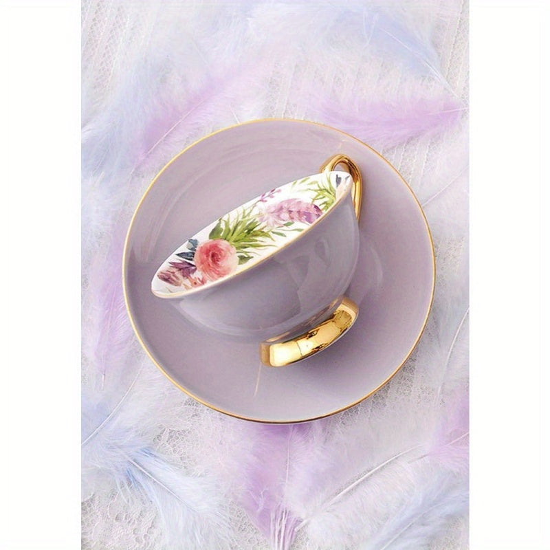 1pc Vintage Royal Purple Bone China Teacup & Saucer Set with Golden Rim - Elegant Fine Ceramic Coffee Cup and Spoon, Hand Wash Only, Delicate Floral Pattern in Soft Pastel Lavender/Purple Tones for Tea, Coffee, Desserts - Ideal for Home, Travel, or Formal