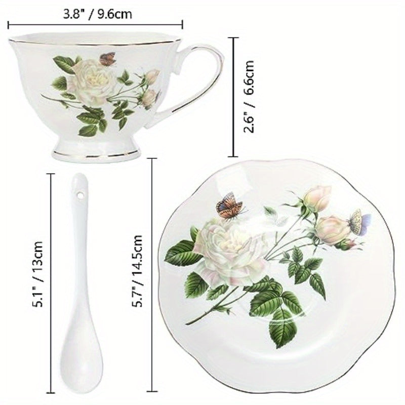 6oz Porcelain Ivory Floral Tea Cup and Saucer Set with Golden Trim - Elegant Latte Cups and Espresso Mug for Coffee Drinks, Perfect for Home or Restaurant Use, Restaurant Quality Tea Set|Floral Pattern Cups|Durable Porcelain