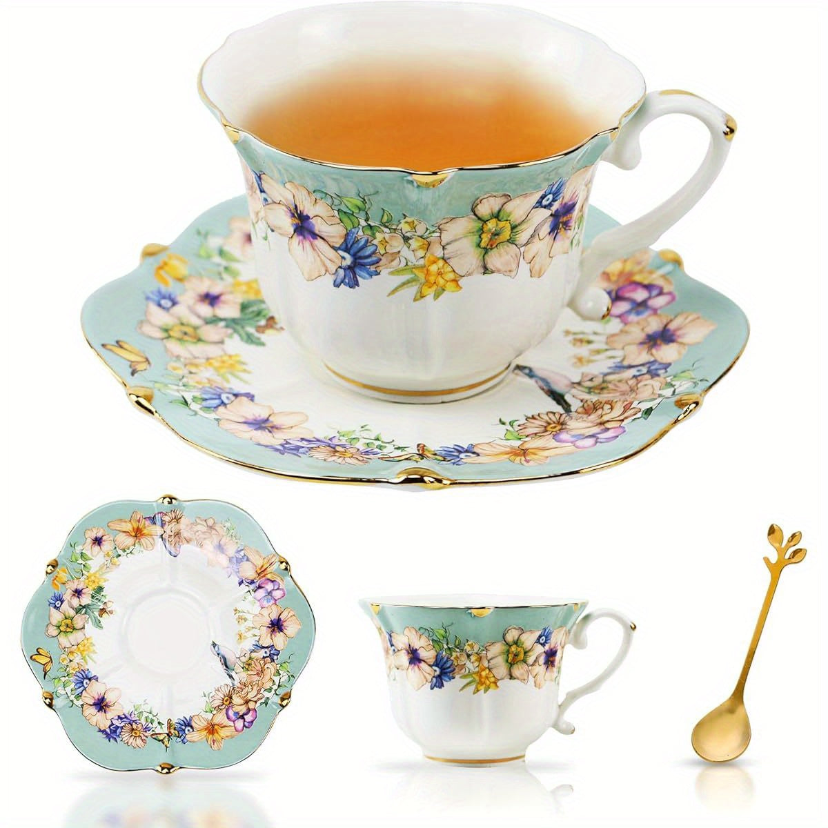 3pcs Vintage Country Roses Porcelain Tea Cup and Saucer Set with Golden Trim - Light Cyan, Elegant Floral Design for Women'S Tea Parties, Includes 1 Cup and 2 Saucers, Perfect for Serving Tea and Coffee, Tea Party Essentials | Floral Pattern Cups |