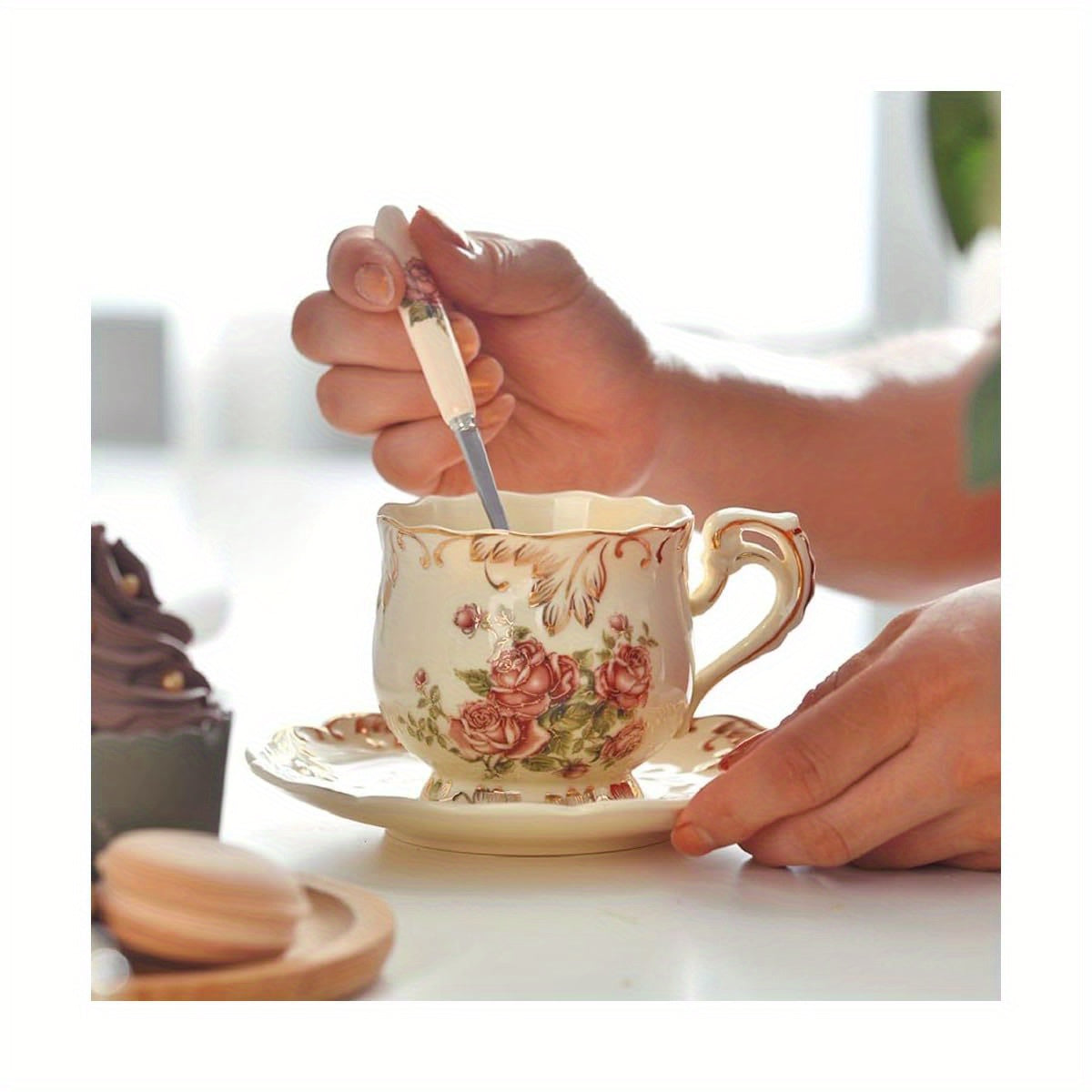 YOLIFE Vintage Floral Tea Cup and Saucer Set - Elegant Ivory & Golden Leaf Pattern, 8oz Ceramic Tea Service with Saucer & Spoon - Elegant Gift for Women, Wedding, Birthday, Housewarming - Luxury Tea Set for Afternoon Tea Parties, Dainty Floral Design in