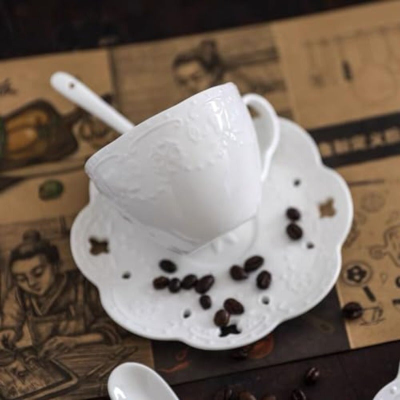 Elegant European Style Bone China Ceramic Tea & Coffee Cup Set with Embossed Floral Design - White, Perfect for Breakfast or Home Kitchen Use, Includes Saucer and Spoon, Tea Cup Set, Breakfast Tableware, Decorative Tableware, Durable Tableware