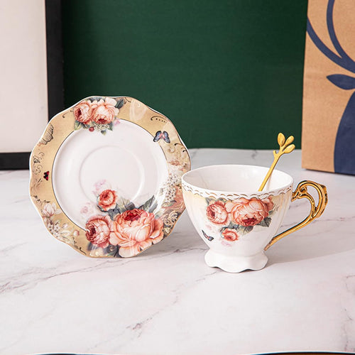 1pc Elegant Floral Tea Cup and Saucer Set - Elegant Peachy-Pink & Golden Porcelain Coffee & Tea Service with Matching Spoon, Large 7oz Cup, Dishwasher Safe - Wedding, Housewarming, Birthday, Mother's Day Gift - Vintage Tableware for Everyday or Formal