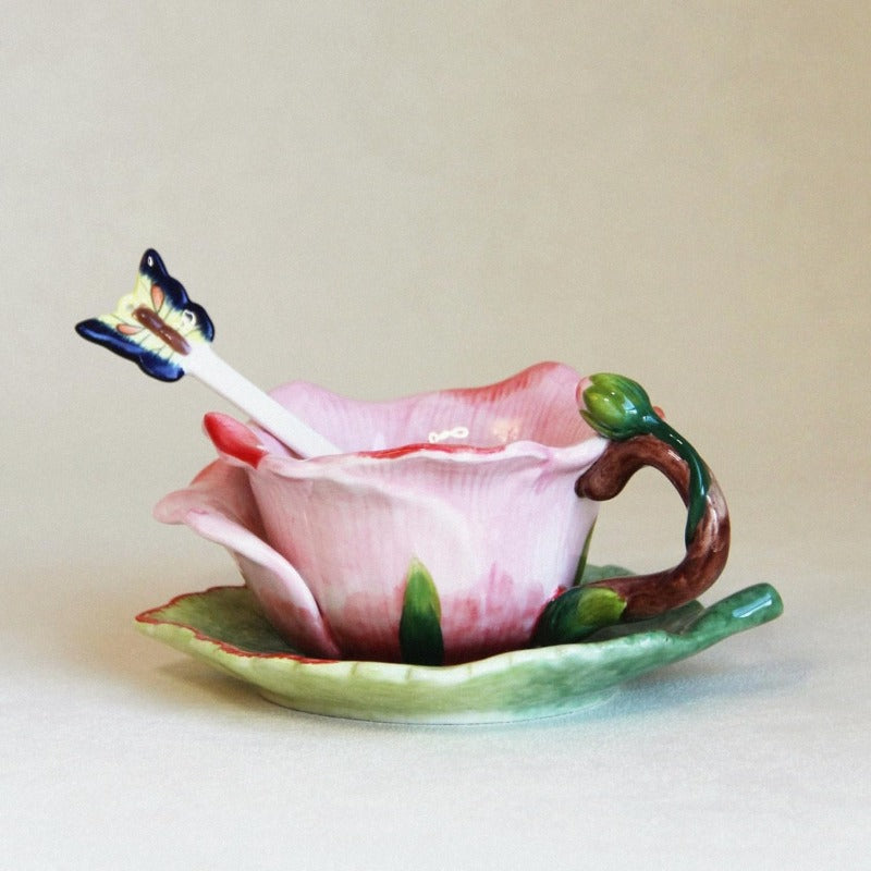 1pc Elegant Floral tea cup and saucer set - Hand-Painted Pink Roses, for Lotus Leaf, Pastel green, Non-Toxic Ceramic - Includes Matching Spoon - for Coffee, Tea, Home Decor - Birthday/Anniversary Gift for Women, Bridal Shower Present - Vintage Floral