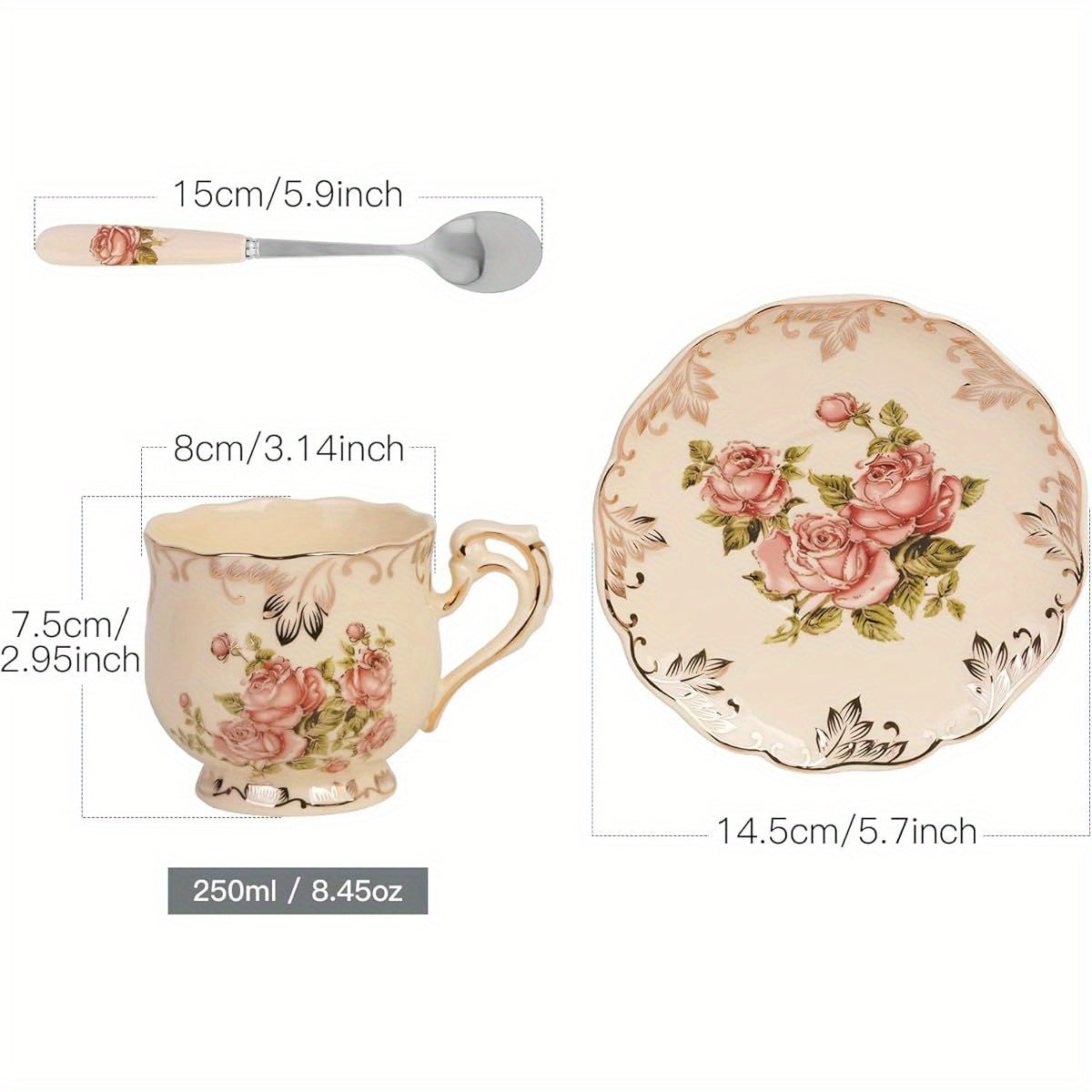 YOLIFE Vintage Floral Tea Cup and Saucer Set - Elegant Ivory & Golden Leaf Pattern, 8oz Ceramic Tea Service with Saucer & Spoon - Elegant Gift for Women, Wedding, Birthday, Housewarming - Luxury Tea Set for Afternoon Tea Parties, Dainty Floral Design in